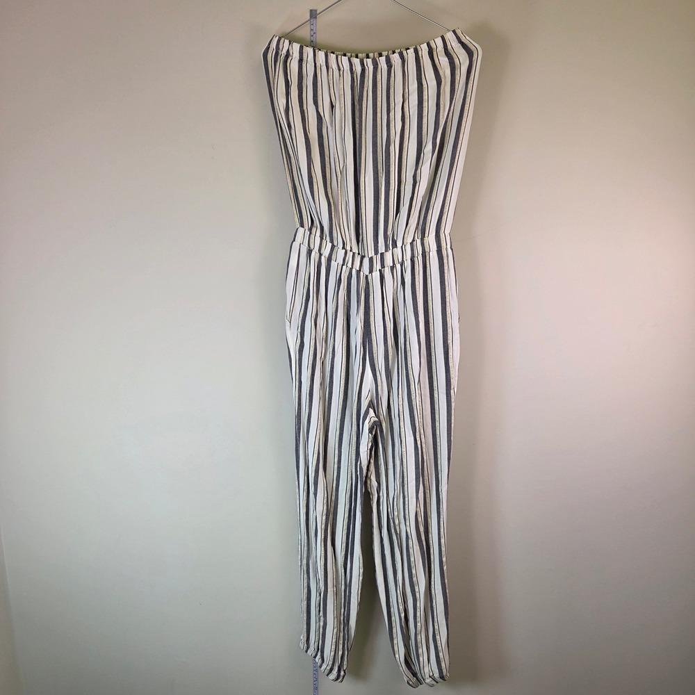 Navy White Striped Strapless Jumper Gold Metallic Thread Tassel Waist Pockets - Picture 2 of 8